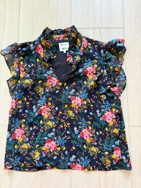 Madewell No.6 Black Floral Ruffle Sleeve Blouse Size 6